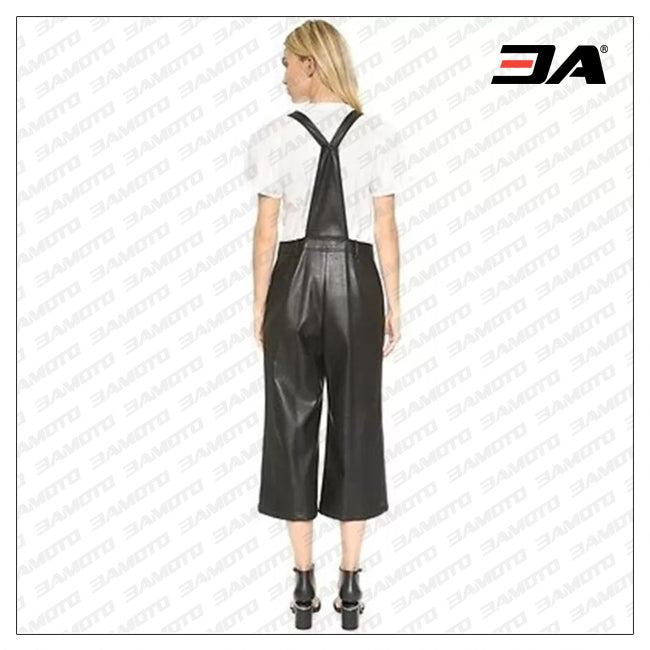 Womens Black Leather overall Jumpsuit