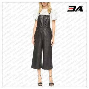 Womens Street Fashion Natural Black Leather overall Jumpsuit