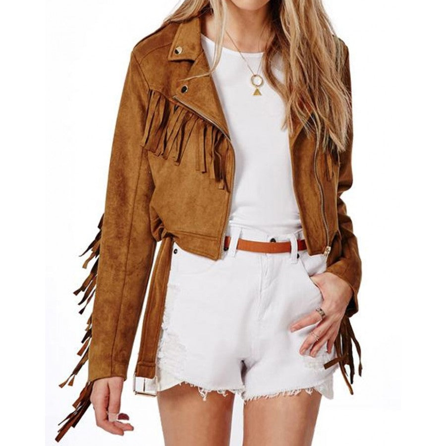 Women's Suede Asymmetrical Zipper Fringe Brown Leather Jacket