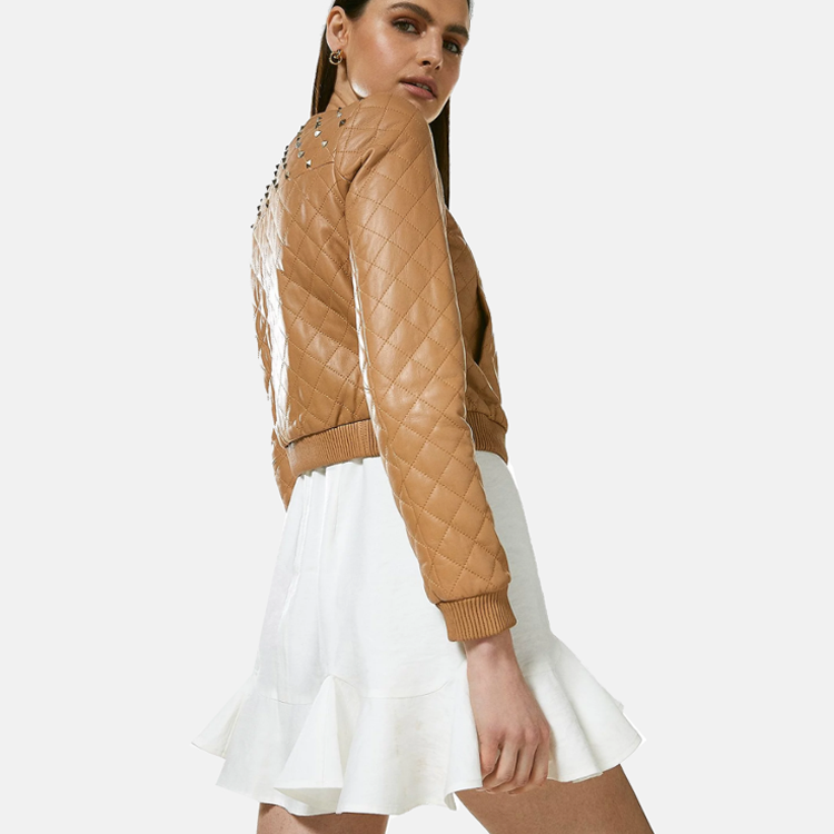 Women’s Tan Beige Leather Studded Bomber Jacket Back