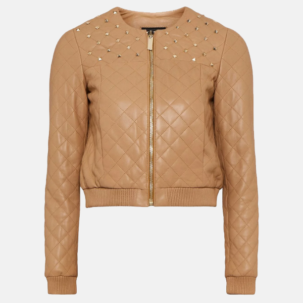 Women’s Tan Beige Leather Studded Bomber Jacket for Sale