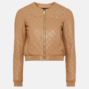 Women’s Tan Beige Leather Studded Bomber Jacket for Sale