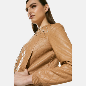 Women’s Tan Beige Leather Studded Bomber Jacket Side