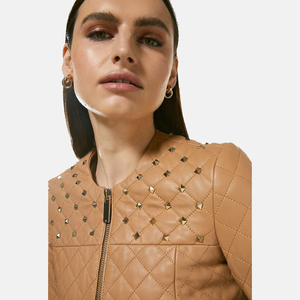 Women’s Tan Beige Leather Studded Bomber Jacket zoom