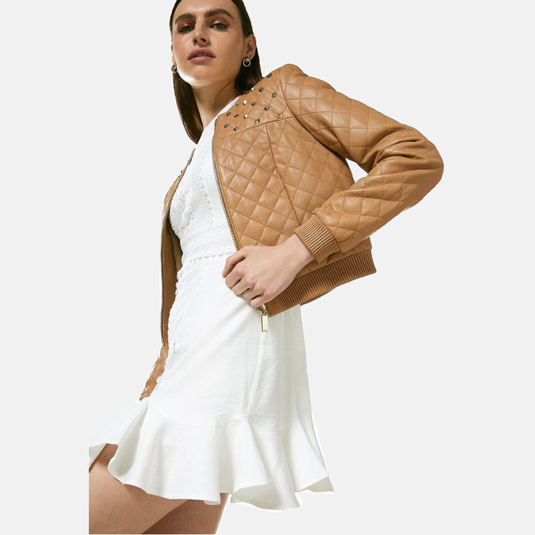 Women’s Tan Beige Leather Studded Bomber Jacket