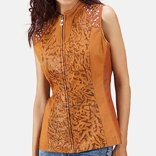 Womens Sheepskin Tan Dye Leather Vest - Fashion Leather Jackets USA - 3AMOTO