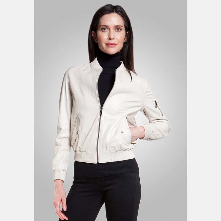 Buy Women's White Leather Bomber Jacket Online at Best Price