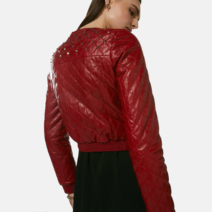 Women’s Wine Red Leather Studded Bomber Jacket Back