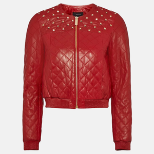 Women’s Wine Red Leather Studded Bomber Jacket for sale