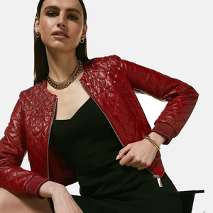 Women’s Wine Red Leather Studded Bomber Jacket