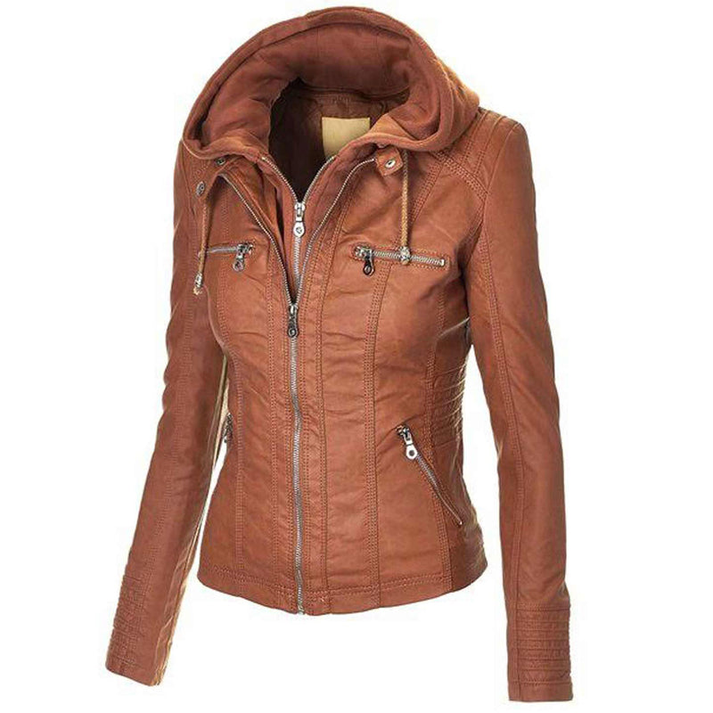 womens zip up brown faux leather jacket with hood