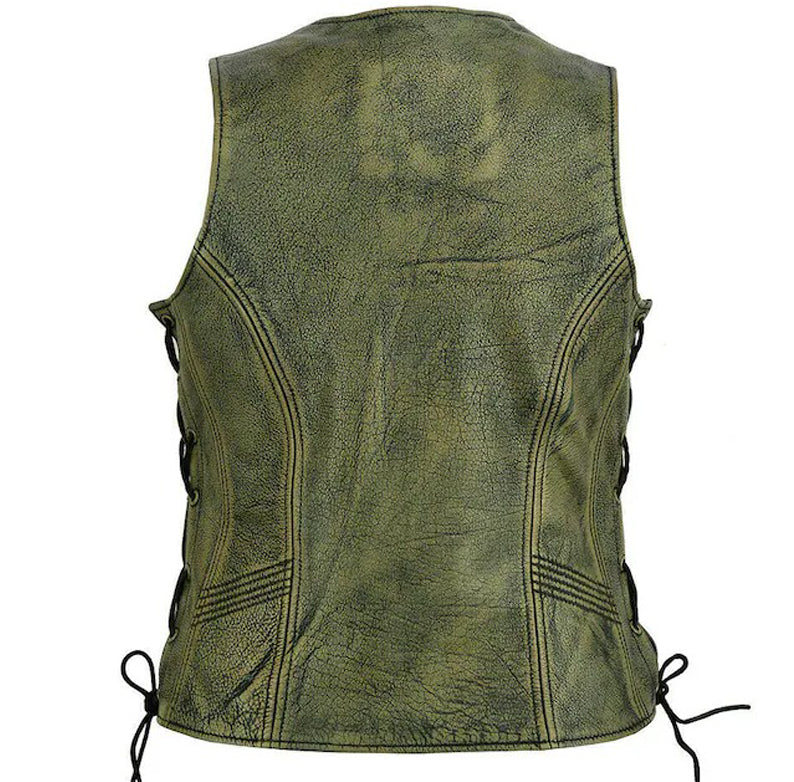 Womens Zippered Distressed Brown Classic Motorcycle Leather Vest With Side Laces