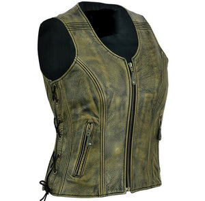 Womens Zippered Distressed Brown Classic Motorcycle Leather Vest With Side Laces