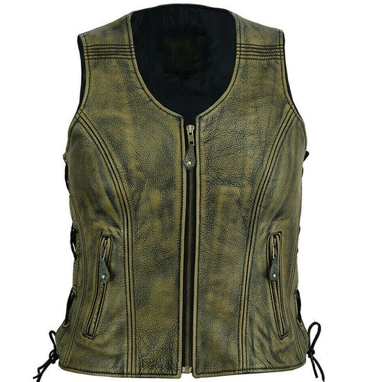 Womens Zippered Distressed Brown Classic Motorcycle Leather Vest With Side Laces - 3amoto shop