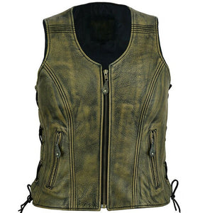 Womens Zippered Distressed Brown Classic Motorcycle Leather Vest With Side Laces