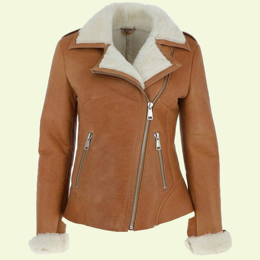 womens asymmetrical style brown leather shearling jacket - Fashion Leather Jackets USA - 3AMOTO