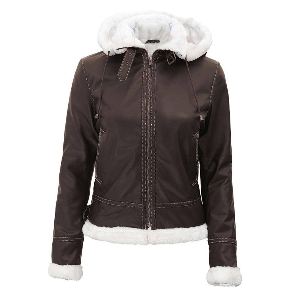 Womens Fur Lined Leather Jacket Buy Shearling Brown Hooded Jacket