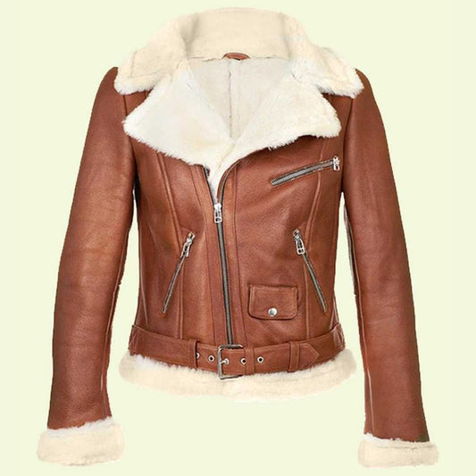 womens brown leather white shearling jacket - Fashion Leather Jackets USA - 3AMOTO