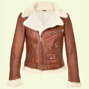 womens brown leather white shearling jacket