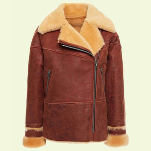 womens distressed brown shearling leather jacket