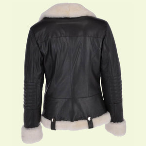 womens side zip biker leather jacket with sheepskin collar and cuffs black white wisconsin