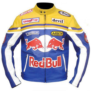 yellow red bull motor biker leather jacket