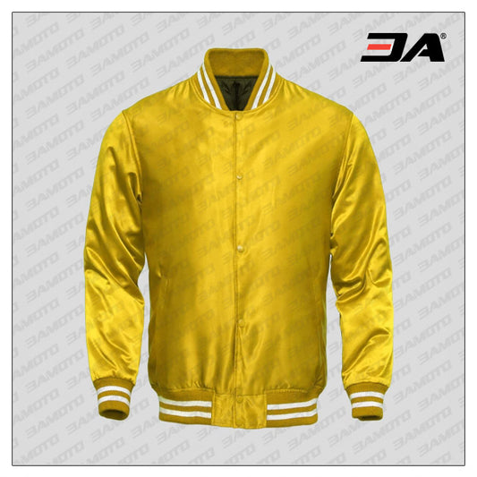Yellow Satin Baseball Jacket - Fashion Leather Jackets USA - 3AMOTO